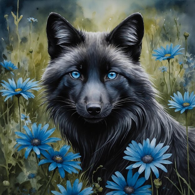 a wolf with blue eyes and a black face with blue eyes