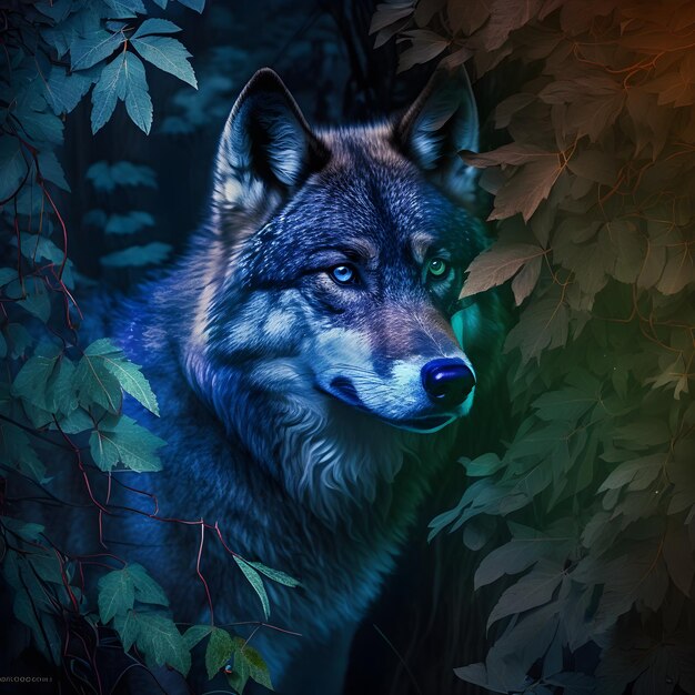 A wolf with blue eyes and a blue nose is in the woods.