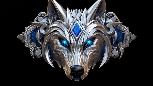 A wolf with blue eyes and a blue stone on the head