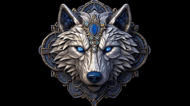 A wolf with blue eyes and a blue stone on the head