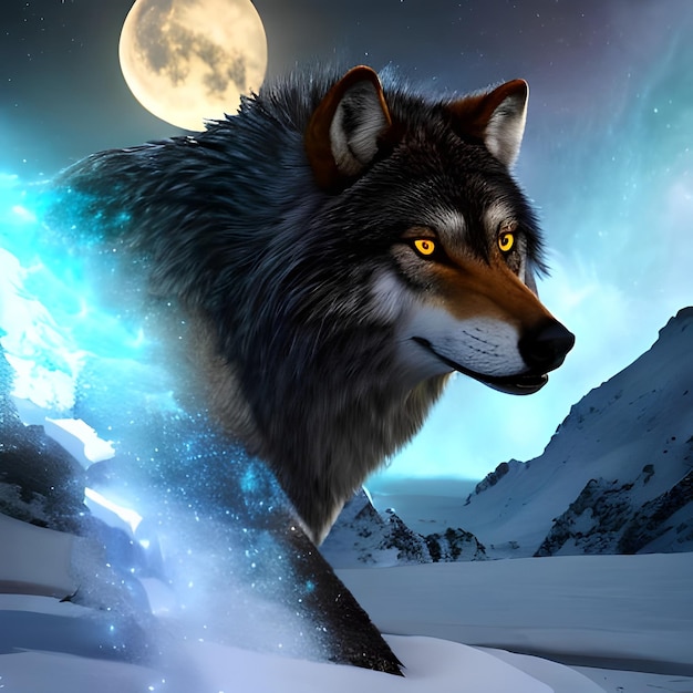 A wolf with blue eyes and a full moon in the background.