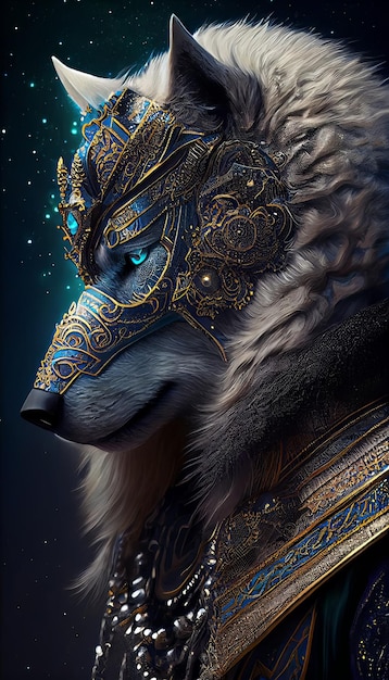 A wolf with blue eyes and a gold mask