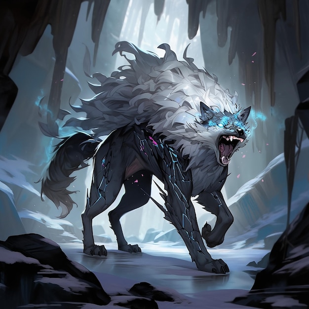 A wolf with blue eyes and a white head is standing in a cave.