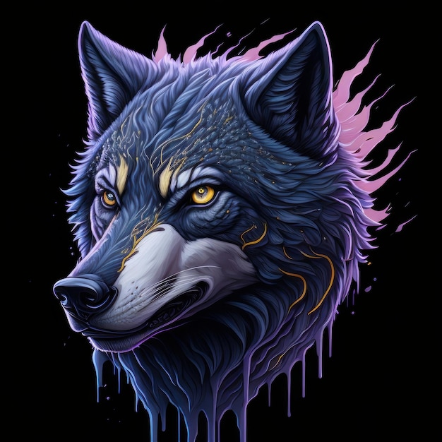 A wolf with a blue head and purple smoke on the bottom.