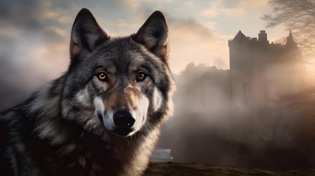 A wolf with a castle in the background