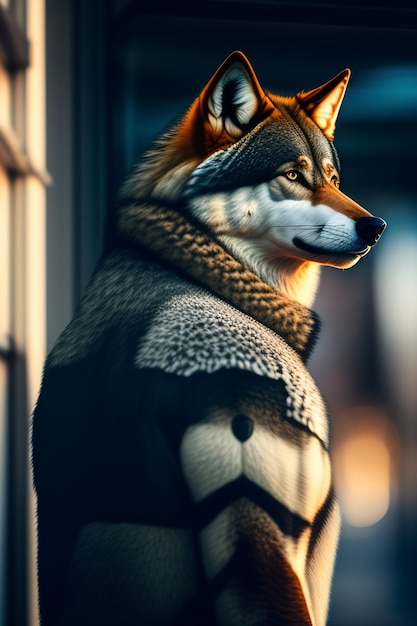 A wolf with a coat on stands next to a window.