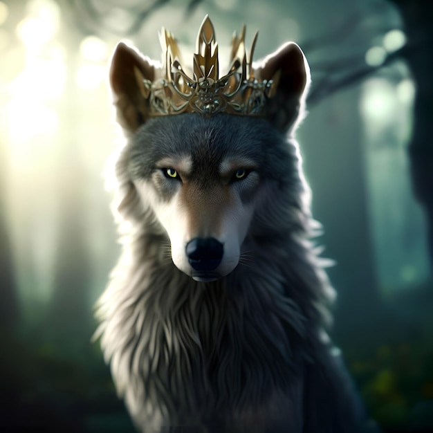 A wolf with a crown on his head is in the woods.