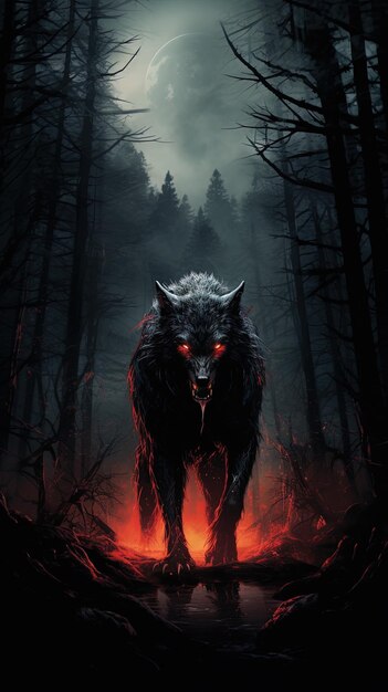 wolf with the dark forest background