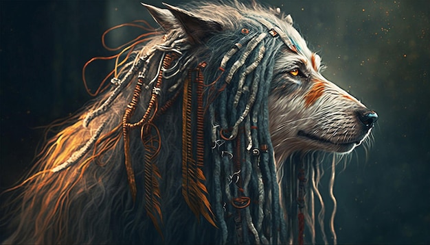 A wolf with dreadlocks and dreadlocks looks into the distance.