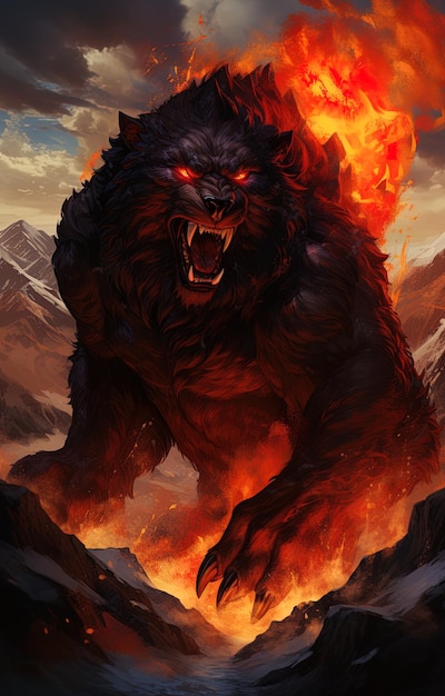 a wolf with a fiery background