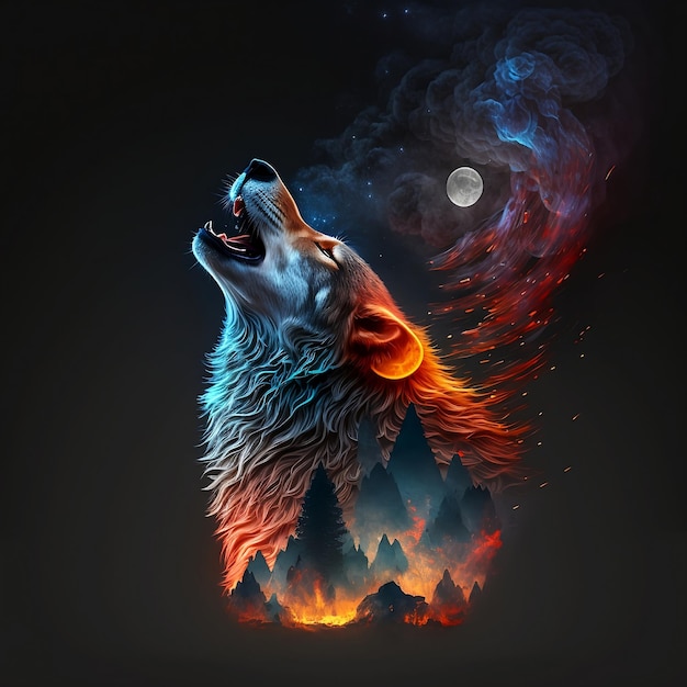 A wolf with a fire on its face is howling at the moon.