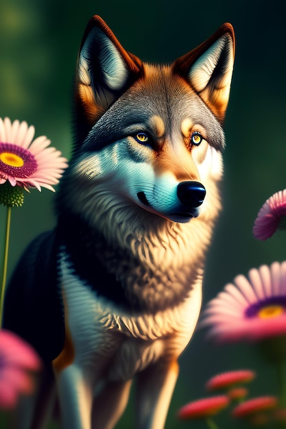A wolf with a flower field in the background