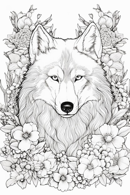a wolf with flowers and leaves on its head generative ai