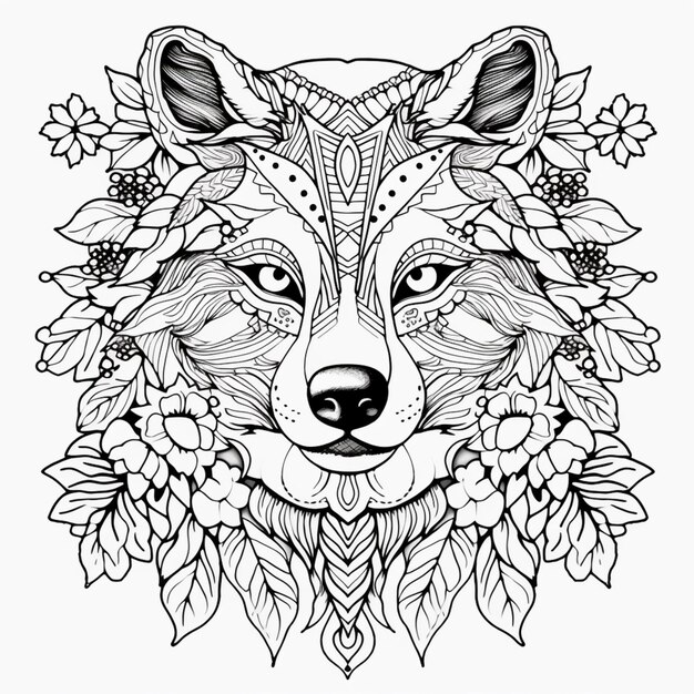 a wolf with flowers and leaves on its head generative ai