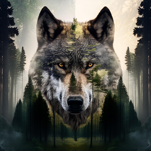 A wolf with a forest background and a tree with a forest on the left side.