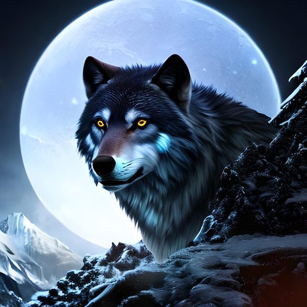 A wolf with a full moon in the background