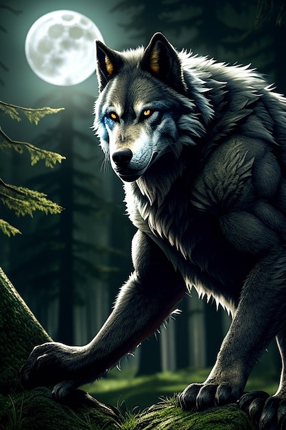 Wolf with a full moon wallpaper