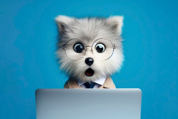 A wolf with glasses and a surprised look on her face is looking at a laptop on solid color background ai generative
