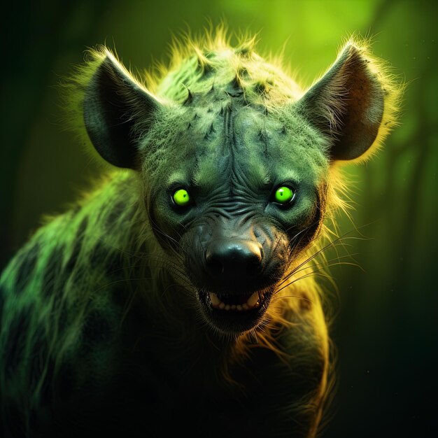 Photo a wolf with glowing eyes and green eyes is shown in a dark room