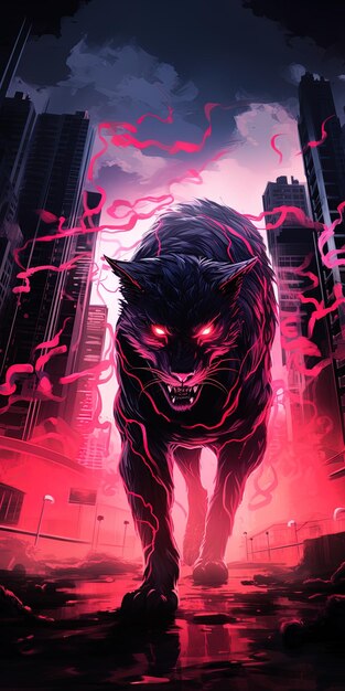 a wolf with glowing eyes is walking through a city