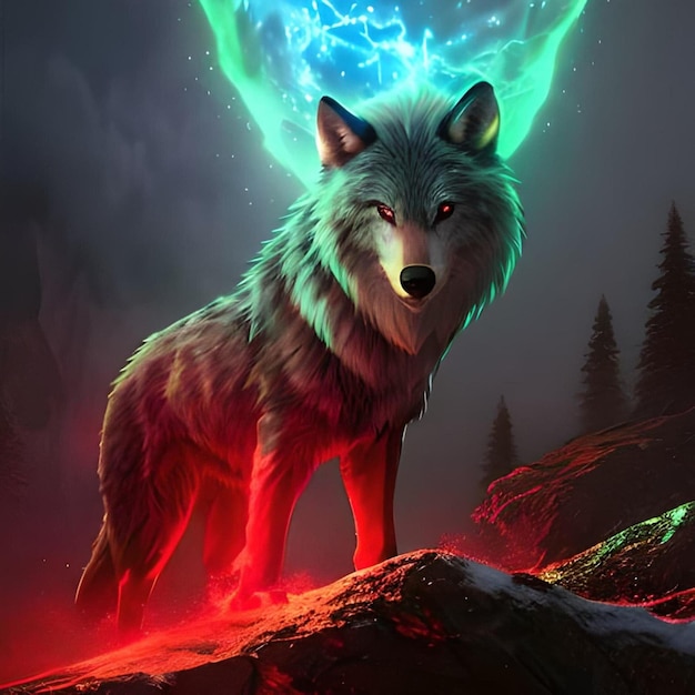 A wolf with a glowing orb on its head