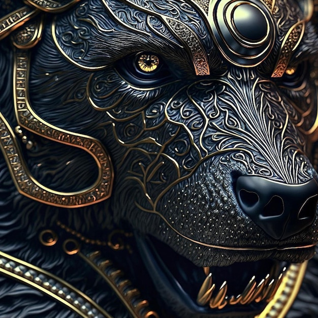 A wolf with gold and silver eyes and a black face.