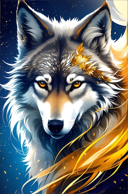 A wolf with a golden leaf on its head