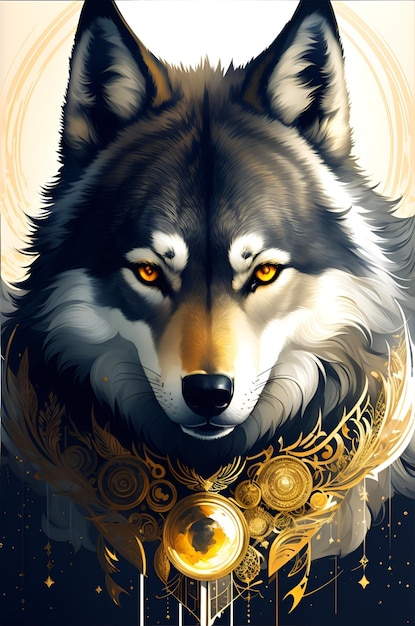 A wolf with a golden ring around its neck