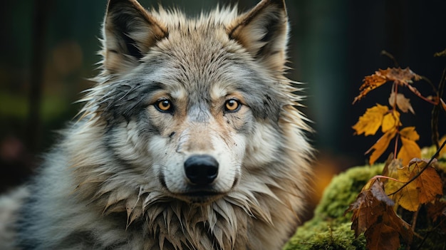 a wolf with a green mossy tree in the background