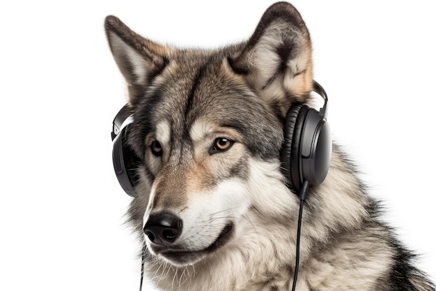 Photo wolf with headphones on white background generative ai