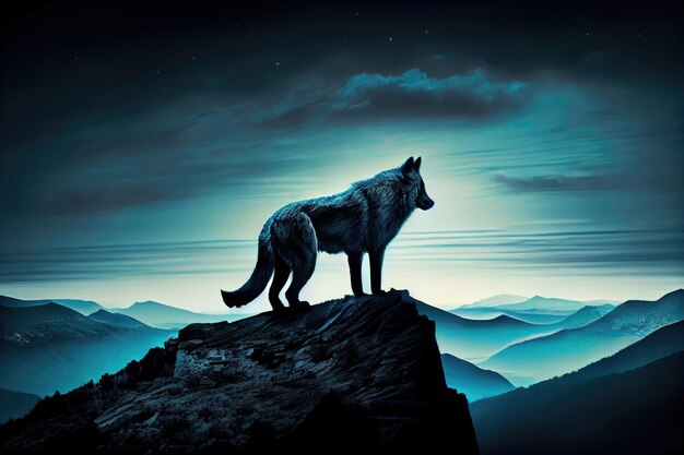 Wolf with its eyes fixed on distant horizon atop mountain peak created with generative ai