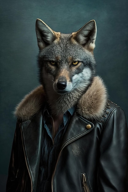 A wolf with a leather jacket is shown in this painting