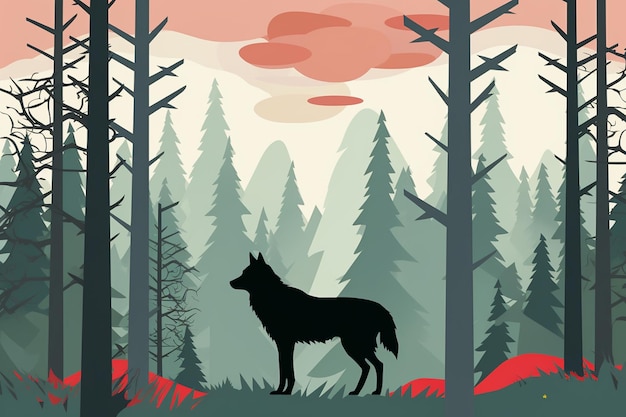 Фото Волк с иллюстрацией леса лунной ночи