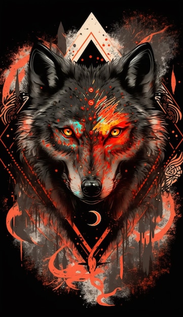 A wolf with a moon and stars on it