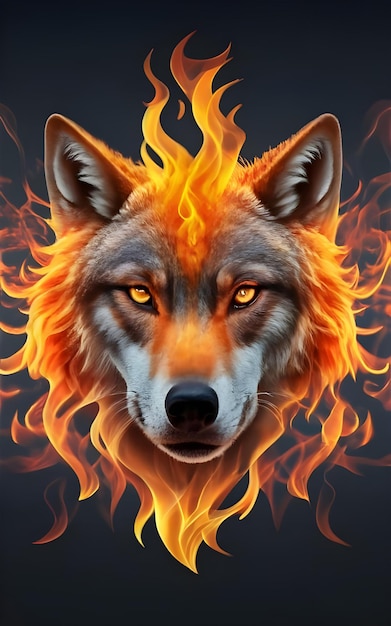 a wolf with orange eyes is burning in flames