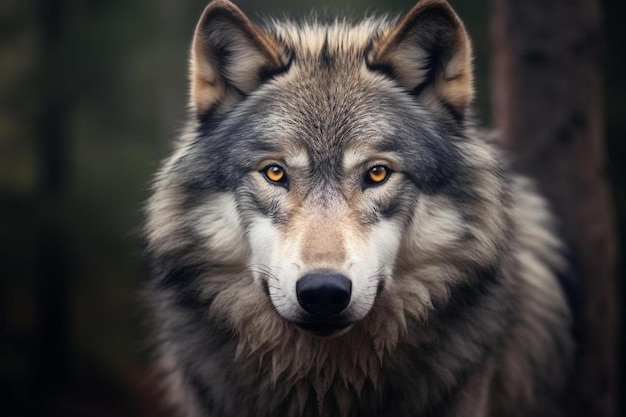 a wolf with orange eyes looking into the distance.