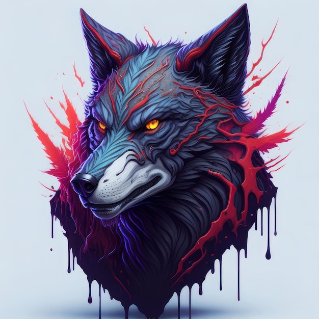 A wolf with a purple face and red eyes is surrounded by red paint.