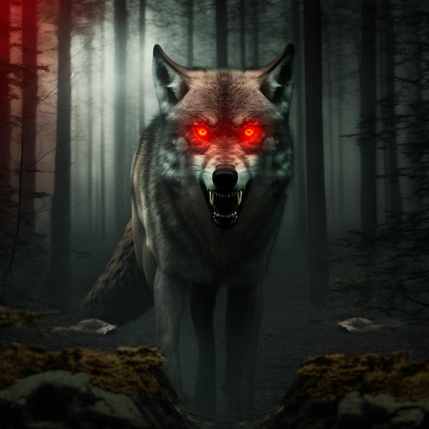 A wolf with red eyes is in a dark forest.