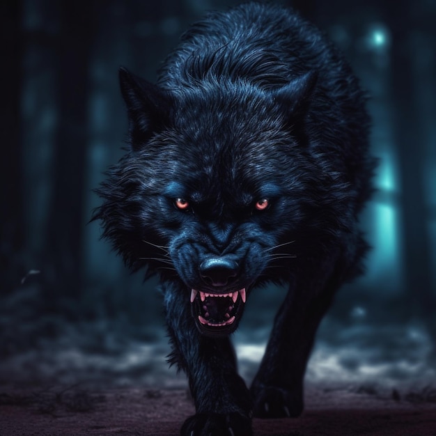 A wolf with red eyes is in the dark