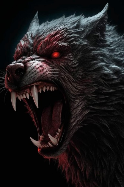 A wolf with red eyes and a red nose