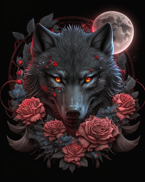 黒い背景に赤い目とバラを持つオオカミ