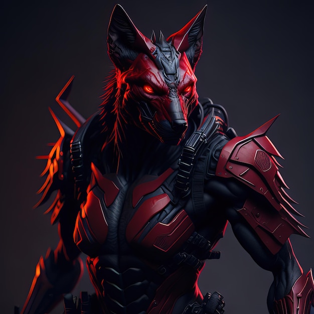 A wolf with a red face and a black helmet