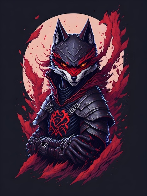 A wolf with a red face and a red face on the front