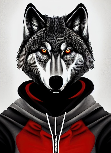 Wolf with a red hoodie brutal appearance Portrait of a halfwolf halfman in a tracksuit glowing eyes 3d illustration