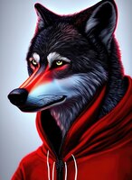 Photo wolf with a red hoodie brutal appearance portrait of a halfwolf halfman in a tracksuit glowing eyes 3d illustration