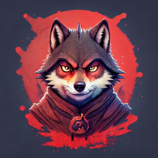 A wolf with a red ring around his neck is on a dark background.