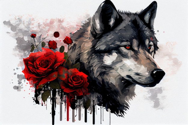 Wolf with rose watercolor illustration, Generative ai