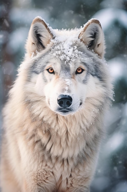 a wolf with snow on its head