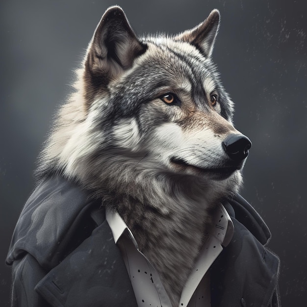 A wolf with a suit jacket and a bow tie.