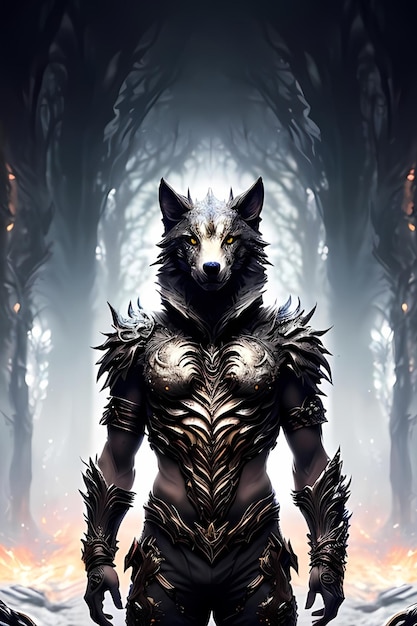 A wolf with a sword in his hands stands in a forest.